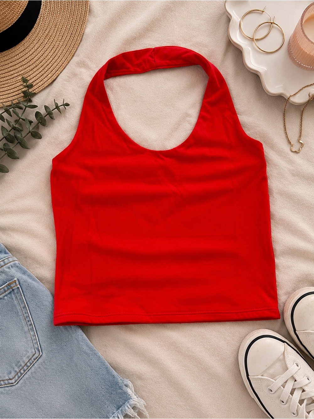 Threaded Rose Red Halter Crop Top Size Small Y2K Stretch Tank